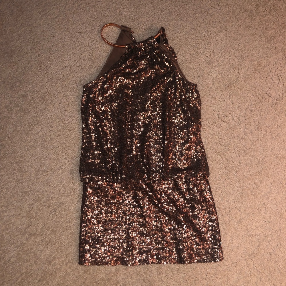 Laundry by Shelli Segal Sequin copper mini dress and bracelet